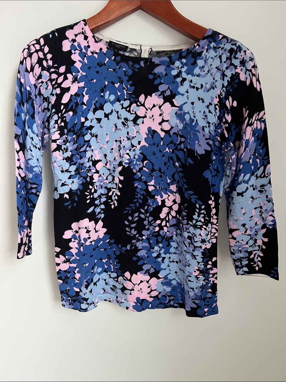 Talbots | Black Floral Long Sleeve Boatneck Top with Pink & Blue Blooms Size SP